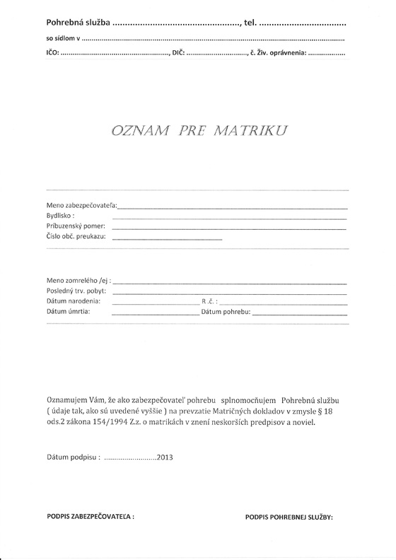 Oznam pre Matriku